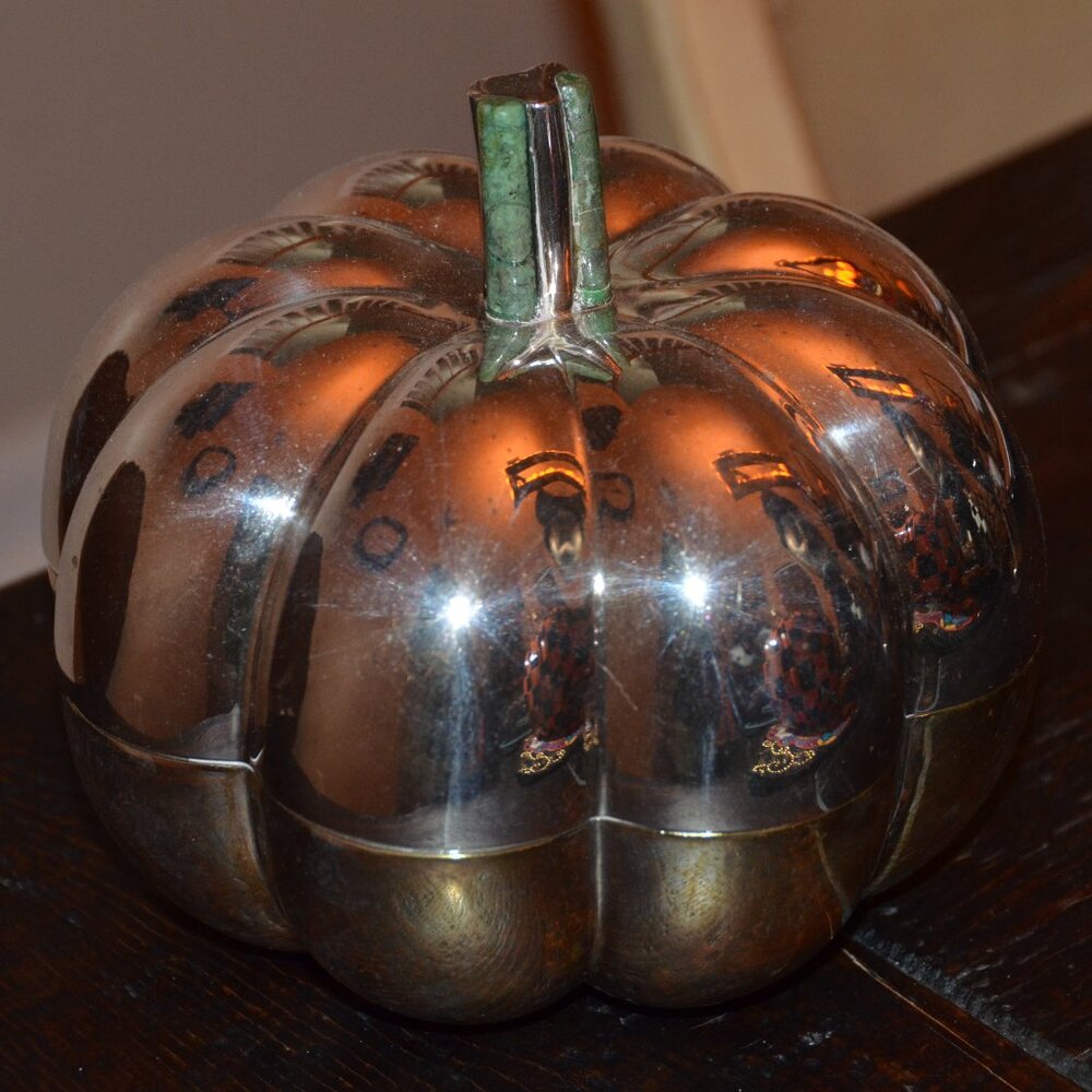RARE VINTAGE EMILIA LOS CASTILLO SILVER PLATE FALL GOURD PUMPKIN JAR BOX & LID